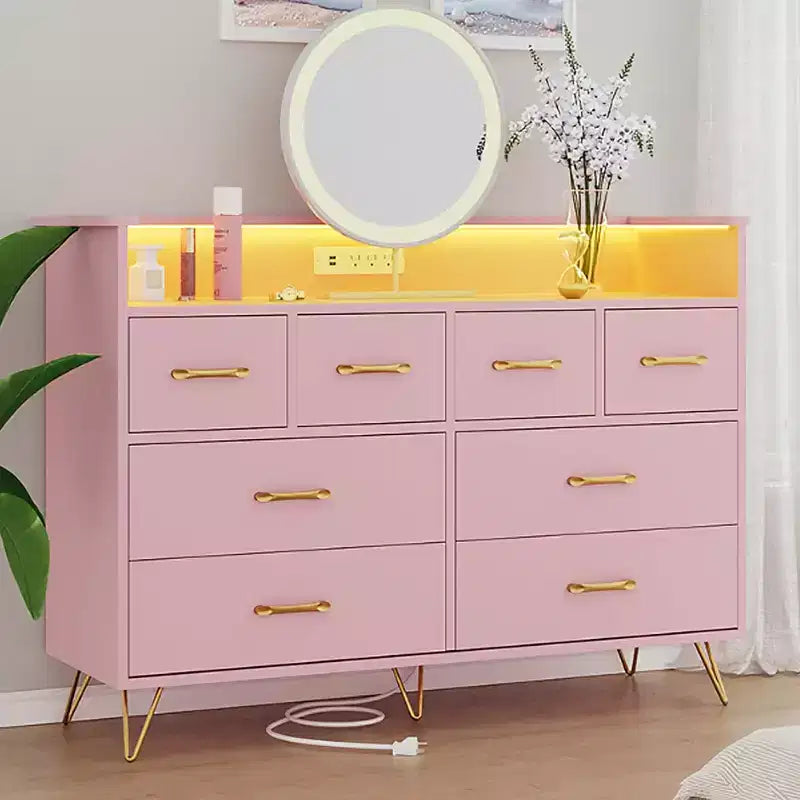 DobleePy Pink 8-Drawer Dresser with Charging Station, RGB LED Lights, Wide Floor Chest for Bedroom, Makeup Vanity or Gaming Setup