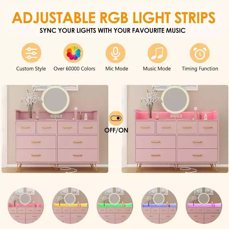 Pink 8 - Drawer Dresser with Charging Station , RGB LED Lights , Wide Floor Chest for Bedroom , Makeup Vanity or Gaming Setup