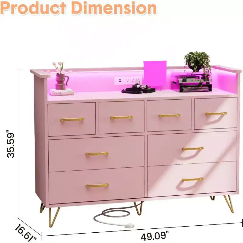 Pink 8 - Drawer Dresser with Charging Station , RGB LED Lights , Wide Floor Chest for Bedroom , Makeup Vanity or Gaming Setup