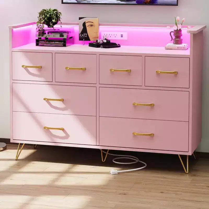 Pink 8 - Drawer Dresser with Charging Station , RGB LED Lights , Wide Floor Chest for Bedroom , Makeup Vanity or Gaming Setup