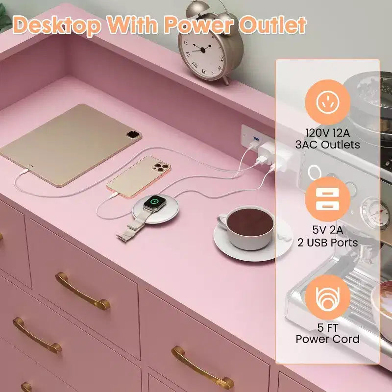 Pink 8 - Drawer Dresser with Charging Station , RGB LED Lights , Wide Floor Chest for Bedroom , Makeup Vanity or Gaming Setup