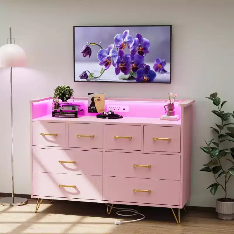 Pink 8 - Drawer Dresser with Charging Station , RGB LED Lights , Wide Floor Chest for Bedroom , Makeup Vanity or Gaming Setup