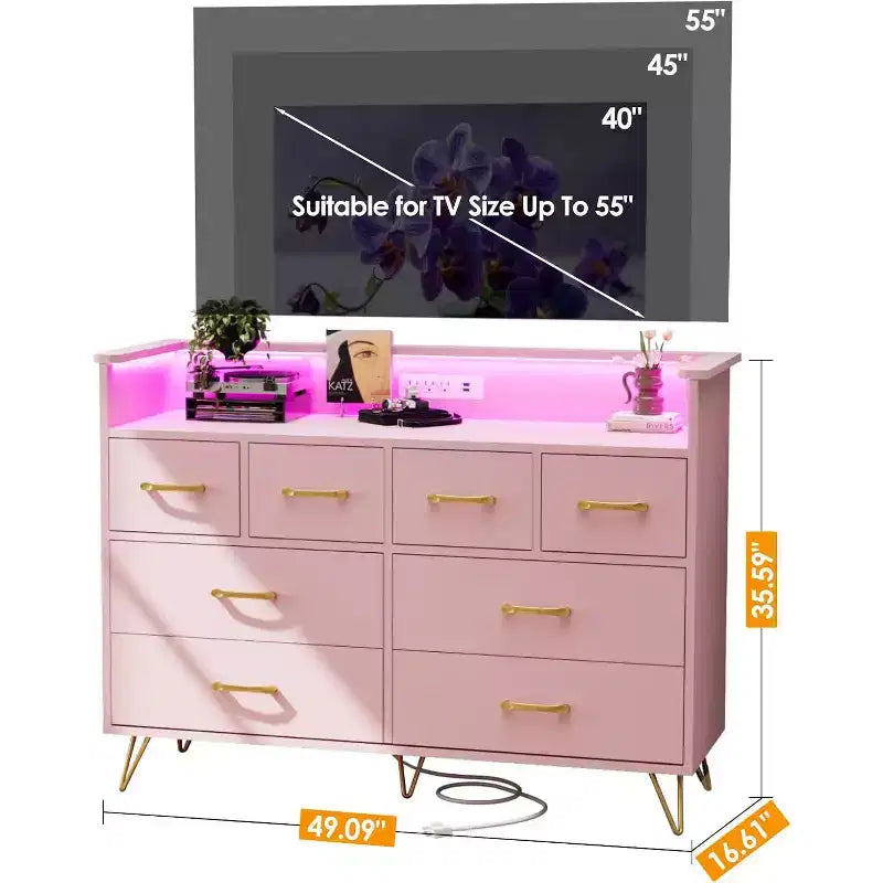 Pink 8 - Drawer Dresser with Charging Station , RGB LED Lights , Wide Floor Chest for Bedroom , Makeup Vanity or Gaming Setup