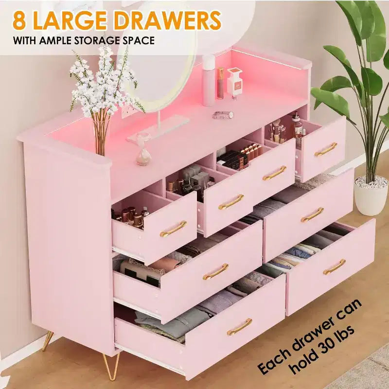 Pink 8 - Drawer Dresser with Charging Station , RGB LED Lights , Wide Floor Chest for Bedroom , Makeup Vanity or Gaming Setup