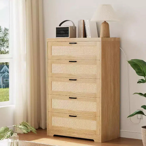 5 Drawer Rattan Dresser , Dresser with Power Outlets , Wood Dresser Chest of Drawers with Metal Handles for Living Room Closet Hallway Entryway