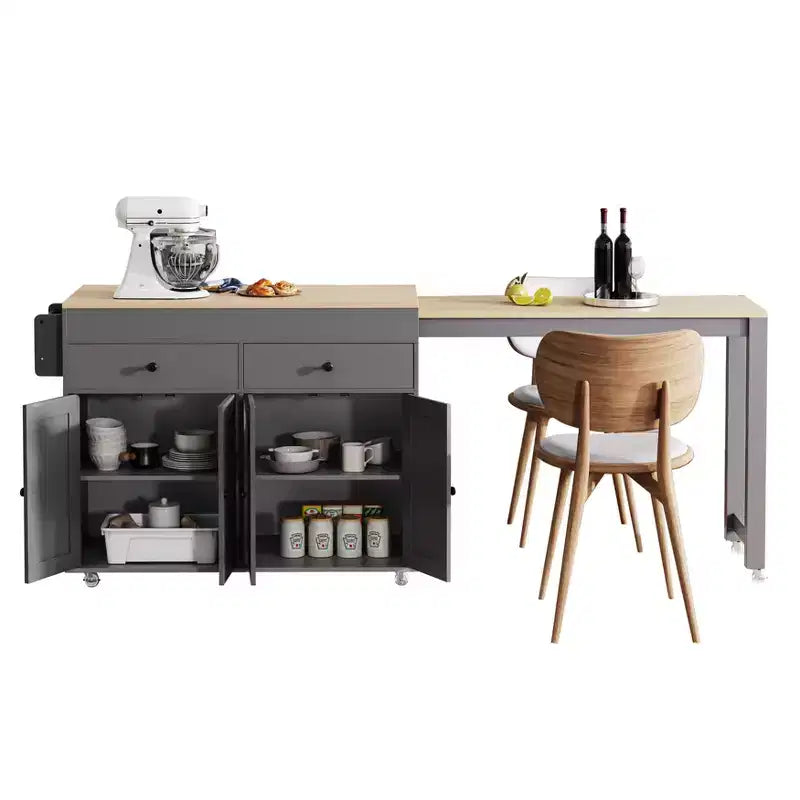 74.5'' Kitchen Island with Extendable Dining Table , Rolling Cart with 4 Cabinets , 2 Drawers , Spice Rack , Adjustable Shelves