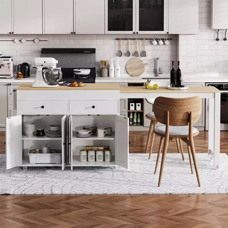 74.5'' Kitchen Island with Extendable Dining Table , Rolling Cart with 4 Cabinets , 2 Drawers , Spice Rack , Adjustable Shelves