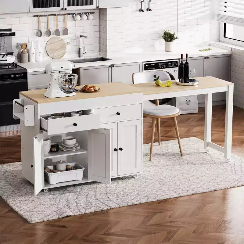 74.5'' Kitchen Island with Extendable Dining Table , Rolling Cart with 4 Cabinets , 2 Drawers , Spice Rack , Adjustable Shelves