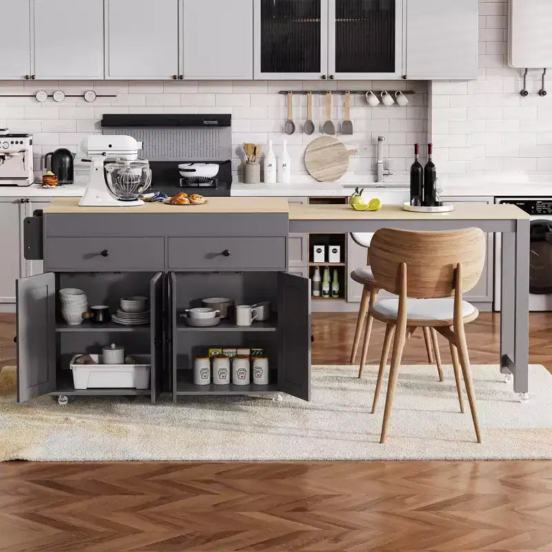 74.5'' Kitchen Island with Extendable Dining Table , Rolling Cart with 4 Cabinets , 2 Drawers , Spice Rack , Adjustable Shelves