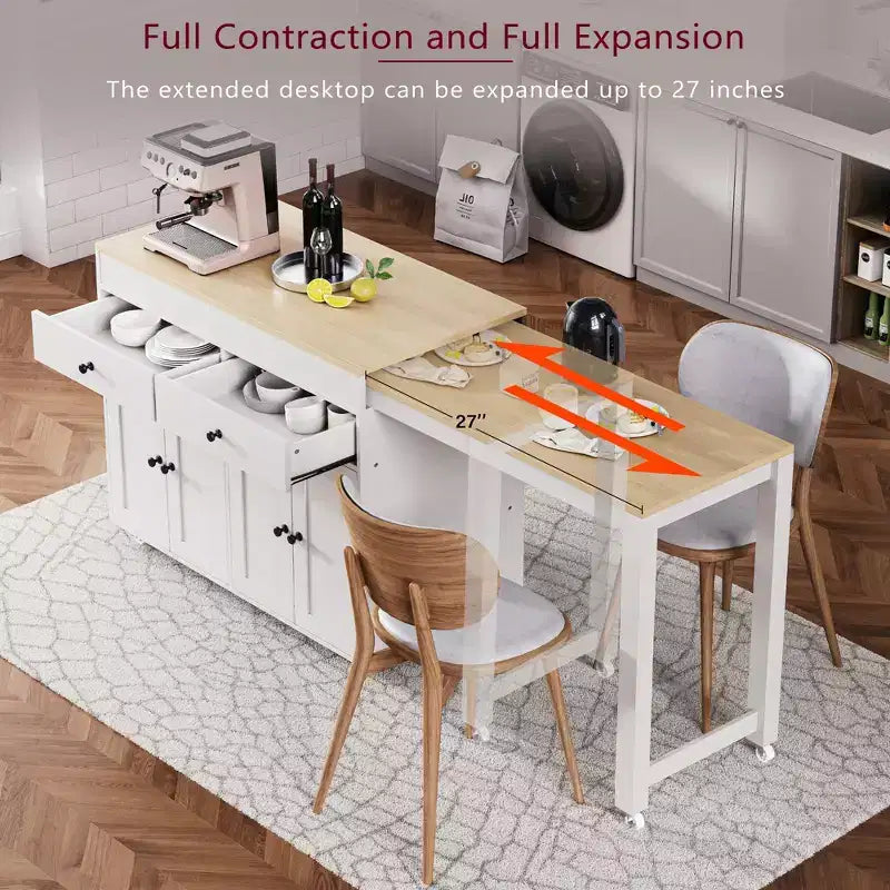 74.5'' Kitchen Island with Extendable Dining Table , Rolling Cart with 4 Cabinets , 2 Drawers , Spice Rack , Adjustable Shelves