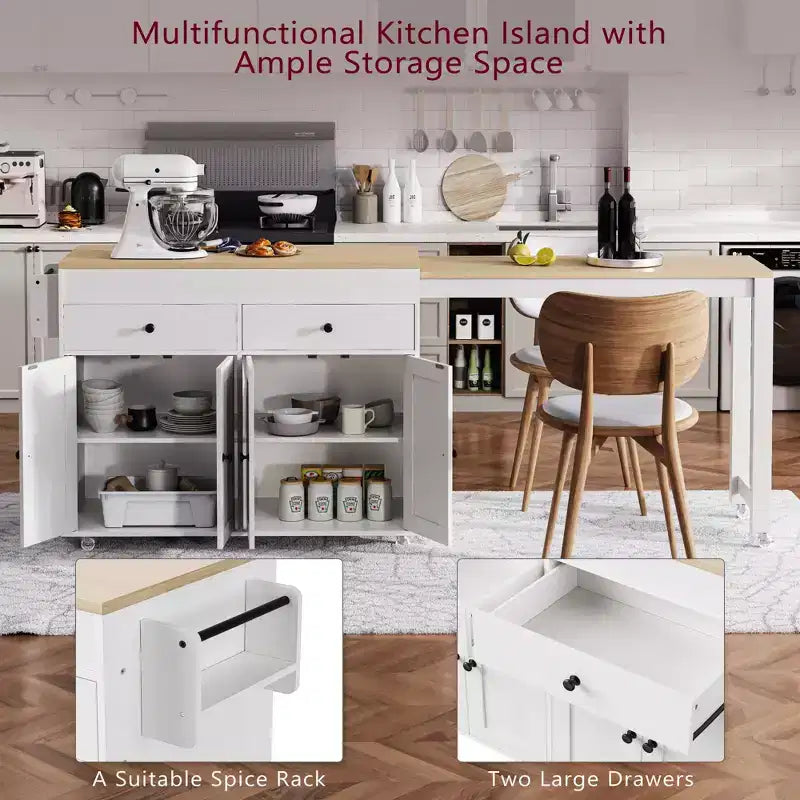 74.5'' Kitchen Island with Extendable Dining Table , Rolling Cart with 4 Cabinets , 2 Drawers , Spice Rack , Adjustable Shelves