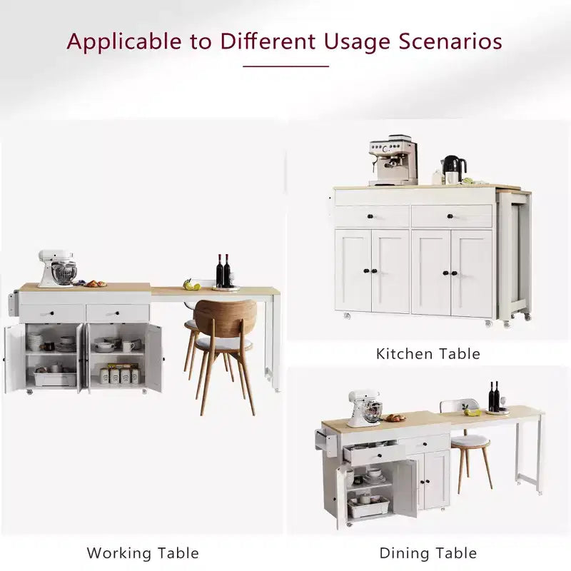 74.5'' Kitchen Island with Extendable Dining Table , Rolling Cart with 4 Cabinets , 2 Drawers , Spice Rack , Adjustable Shelves