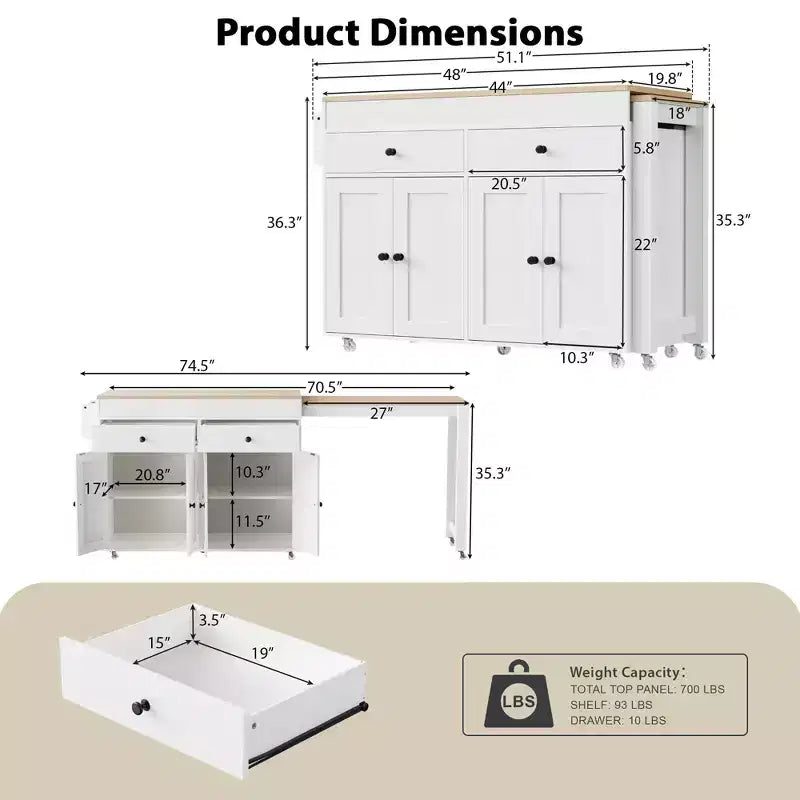 74.5'' Kitchen Island with Extendable Dining Table , Rolling Cart with 4 Cabinets , 2 Drawers , Spice Rack , Adjustable Shelves