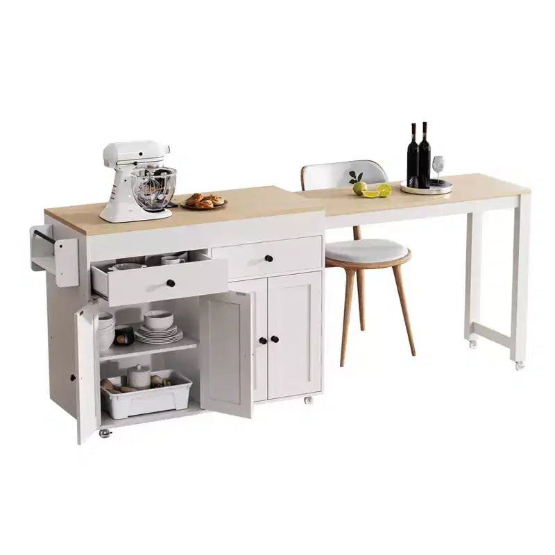 74.5'' Kitchen Island with Extendable Dining Table , Rolling Cart with 4 Cabinets , 2 Drawers , Spice Rack , Adjustable Shelves