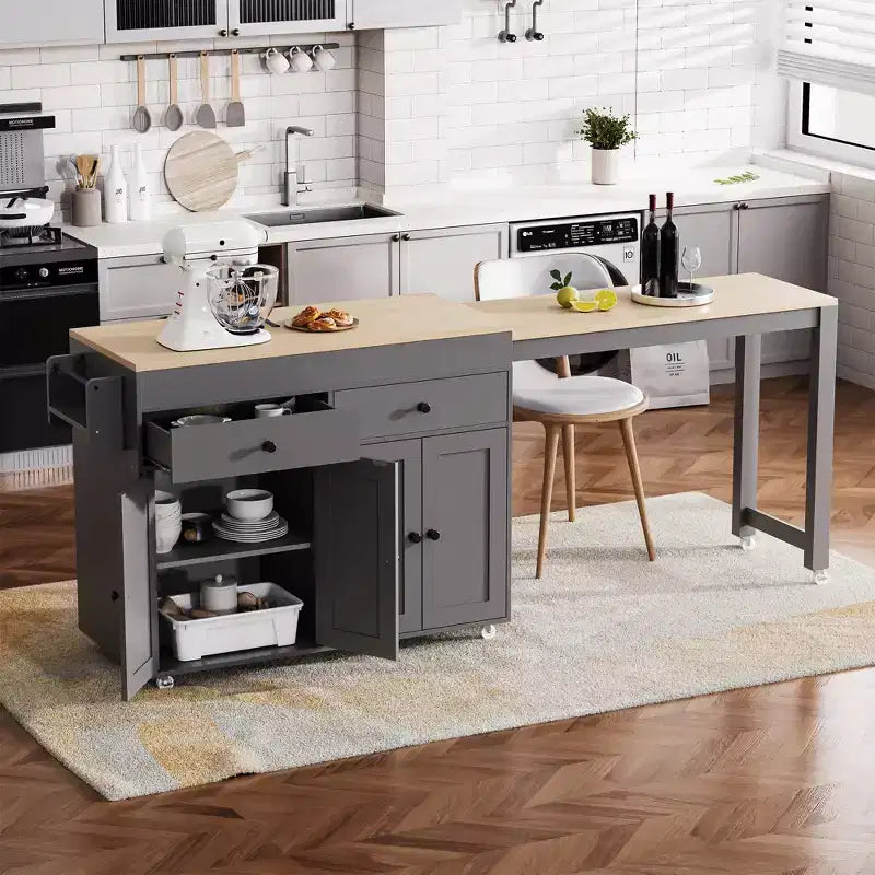74.5'' Kitchen Island with Extendable Dining Table , Rolling Cart with 4 Cabinets , 2 Drawers , Spice Rack , Adjustable Shelves