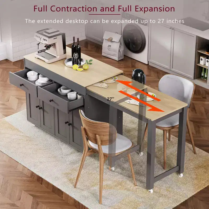 74.5'' Kitchen Island with Extendable Dining Table , Rolling Cart with 4 Cabinets , 2 Drawers , Spice Rack , Adjustable Shelves