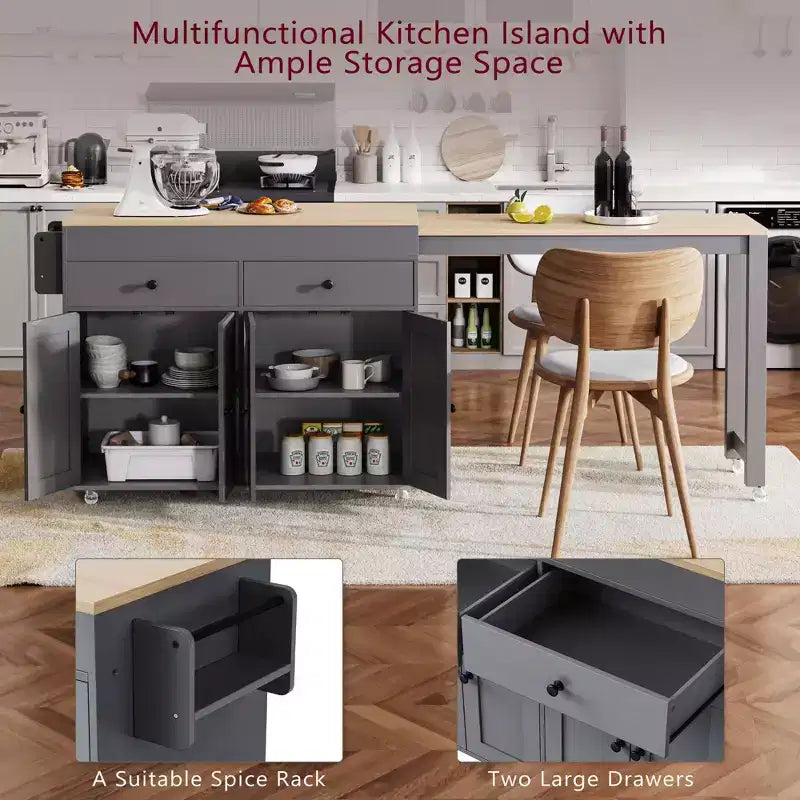 74.5'' Kitchen Island with Extendable Dining Table , Rolling Cart with 4 Cabinets , 2 Drawers , Spice Rack , Adjustable Shelves