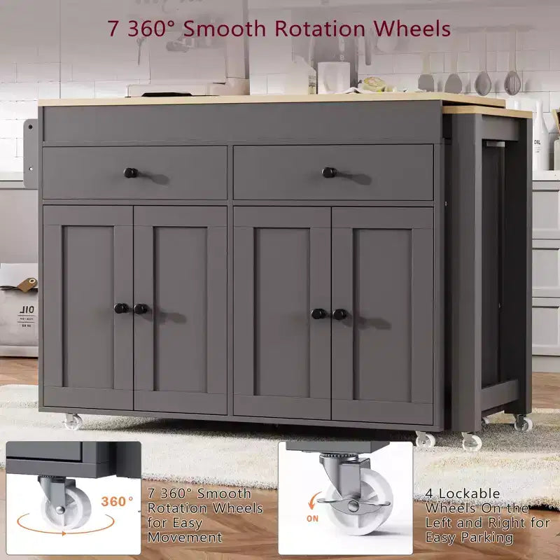 74.5'' Kitchen Island with Extendable Dining Table , Rolling Cart with 4 Cabinets , 2 Drawers , Spice Rack , Adjustable Shelves