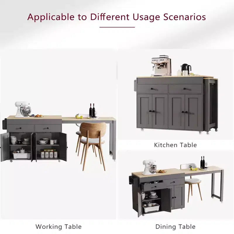 74.5'' Kitchen Island with Extendable Dining Table , Rolling Cart with 4 Cabinets , 2 Drawers , Spice Rack , Adjustable Shelves