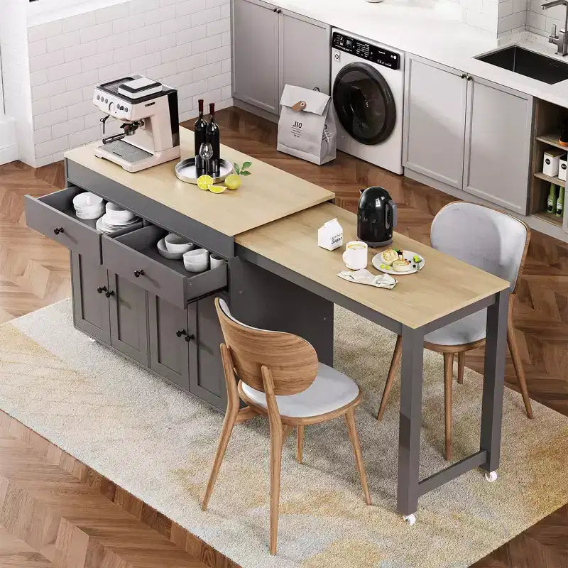 74.5'' Kitchen Island with Extendable Dining Table, Rolling Cart with 4 Cabinets, 2 Drawers, Spice Rack, Adjustable Shelves