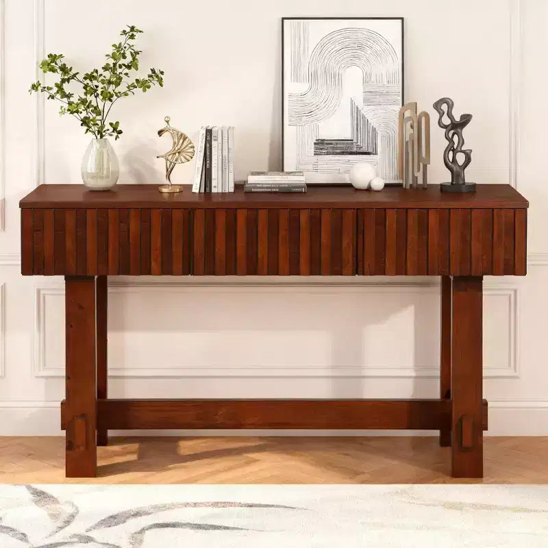 Hostack 52'' Farmhouse Fluted Console Table with Storage Drawers and Solid Wood Legs for Living Room and Hallway, Cherry