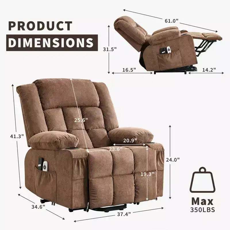 Large Recliner Chair , Manual Reclining Sofa with Massage and Heat , Comfy Sofa Chair with 3 Positions , 2 Side Pockets , 2 Front Pockets and 2 Cup Holder