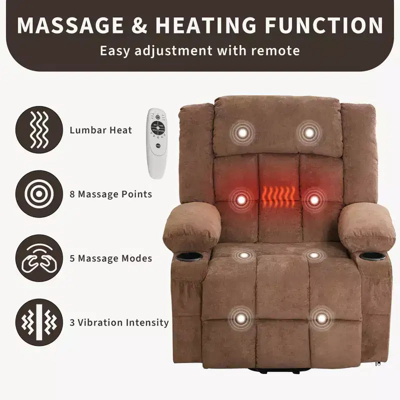 Large Recliner Chair , Manual Reclining Sofa with Massage and Heat , Comfy Sofa Chair with 3 Positions , 2 Side Pockets , 2 Front Pockets and 2 Cup Holder