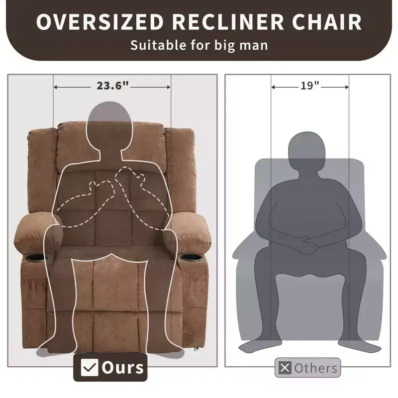 Large Recliner Chair , Manual Reclining Sofa with Massage and Heat , Comfy Sofa Chair with 3 Positions , 2 Side Pockets , 2 Front Pockets and 2 Cup Holder
