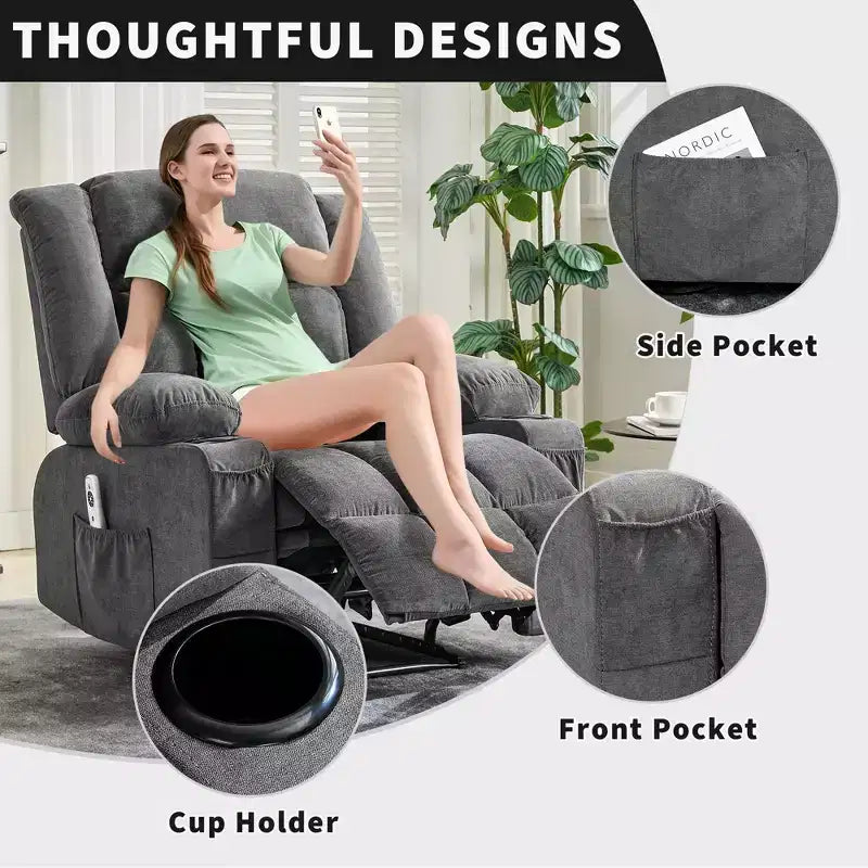 Large Recliner Chair , Manual Reclining Sofa with Massage and Heat , Comfy Sofa Chair with 3 Positions , 2 Side Pockets , 2 Front Pockets and 2 Cup Holder