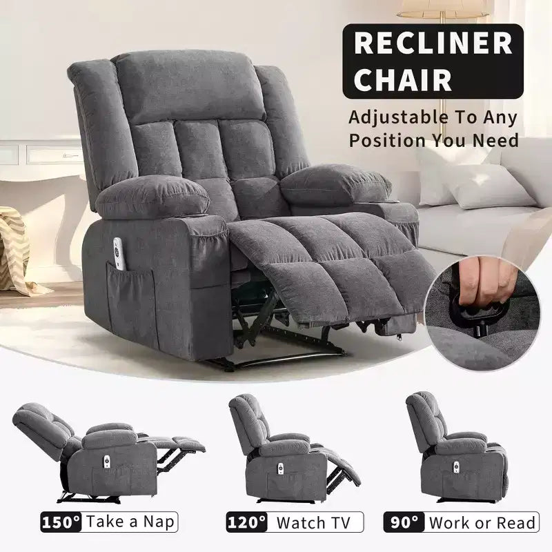 Large Recliner Chair , Manual Reclining Sofa with Massage and Heat , Comfy Sofa Chair with 3 Positions , 2 Side Pockets , 2 Front Pockets and 2 Cup Holder