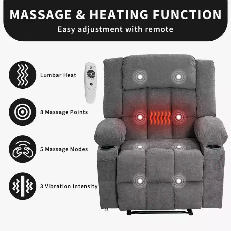 Large Recliner Chair , Manual Reclining Sofa with Massage and Heat , Comfy Sofa Chair with 3 Positions , 2 Side Pockets , 2 Front Pockets and 2 Cup Holder