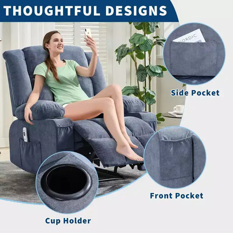 Large Recliner Chair , Manual Reclining Sofa with Massage and Heat , Comfy Sofa Chair with 3 Positions , 2 Side Pockets , 2 Front Pockets and 2 Cup Holder