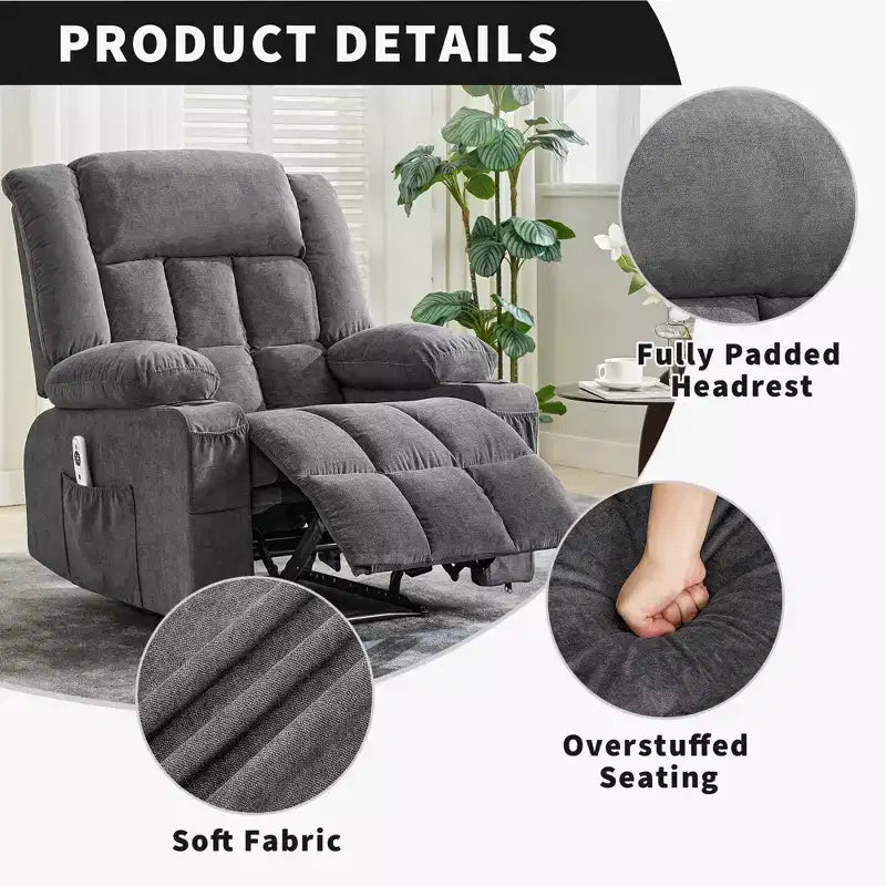 Large Recliner Chair , Manual Reclining Sofa with Massage and Heat , Comfy Sofa Chair with 3 Positions , 2 Side Pockets , 2 Front Pockets and 2 Cup Holder