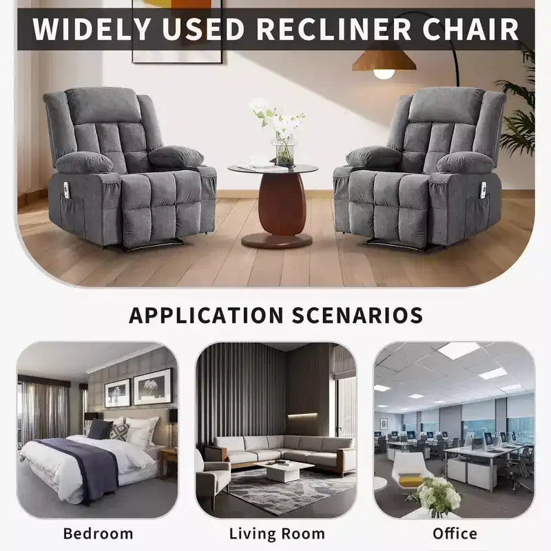 Large Recliner Chair , Manual Reclining Sofa with Massage and Heat , Comfy Sofa Chair with 3 Positions , 2 Side Pockets , 2 Front Pockets and 2 Cup Holder