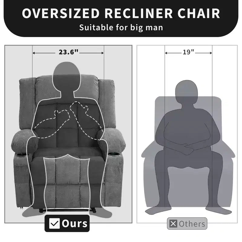 Large Recliner Chair , Manual Reclining Sofa with Massage and Heat , Comfy Sofa Chair with 3 Positions , 2 Side Pockets , 2 Front Pockets and 2 Cup Holder