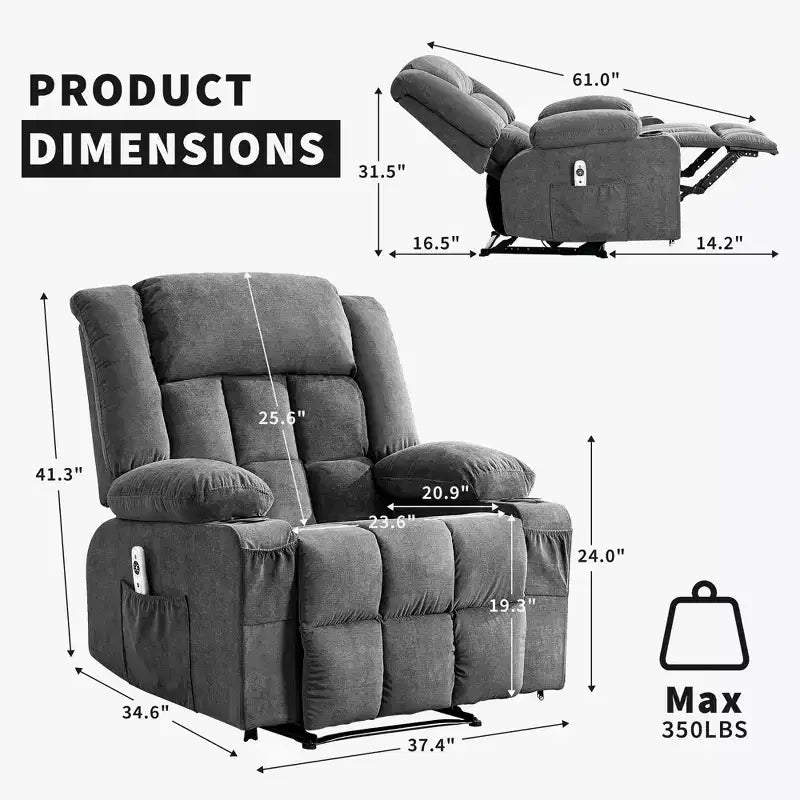 Large Recliner Chair , Manual Reclining Sofa with Massage and Heat , Comfy Sofa Chair with 3 Positions , 2 Side Pockets , 2 Front Pockets and 2 Cup Holder
