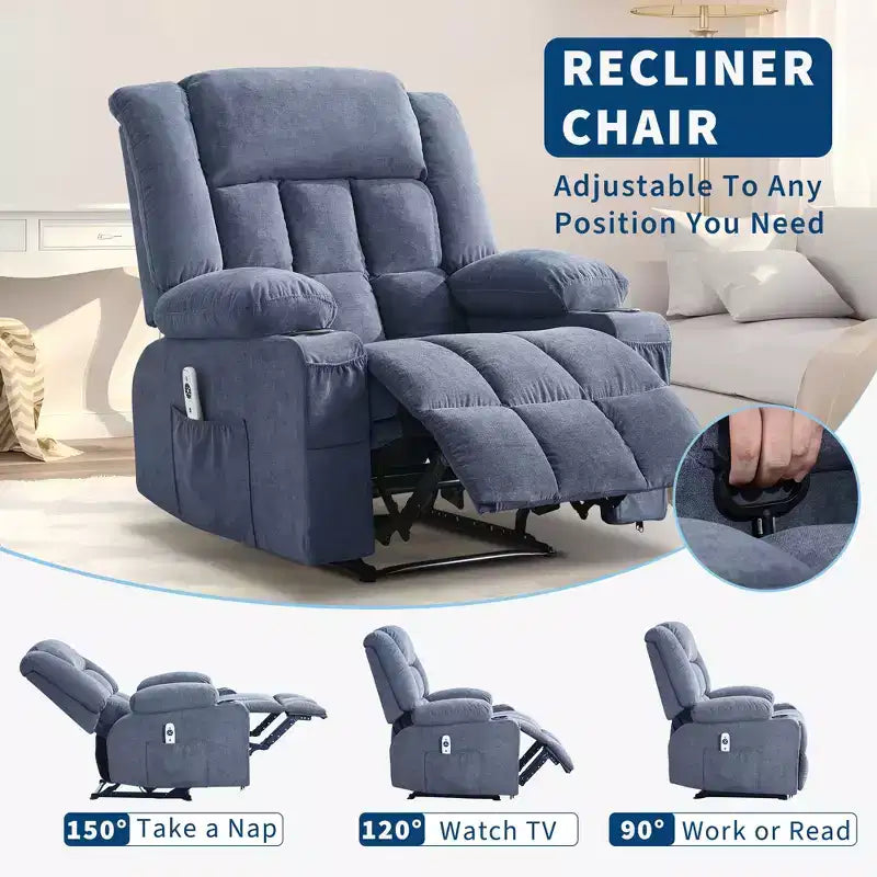Large Recliner Chair , Manual Reclining Sofa with Massage and Heat , Comfy Sofa Chair with 3 Positions , 2 Side Pockets , 2 Front Pockets and 2 Cup Holder