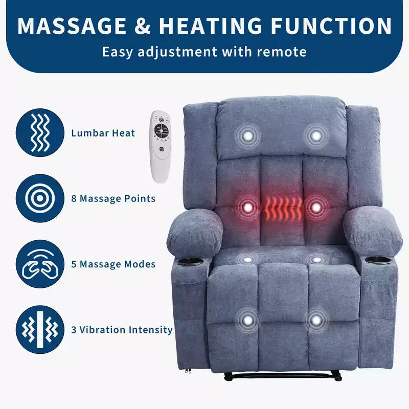 Large Recliner Chair , Manual Reclining Sofa with Massage and Heat , Comfy Sofa Chair with 3 Positions , 2 Side Pockets , 2 Front Pockets and 2 Cup Holder
