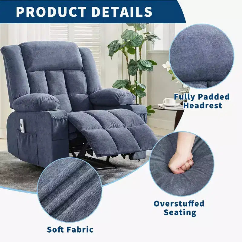 Large Recliner Chair , Manual Reclining Sofa with Massage and Heat , Comfy Sofa Chair with 3 Positions , 2 Side Pockets , 2 Front Pockets and 2 Cup Holder