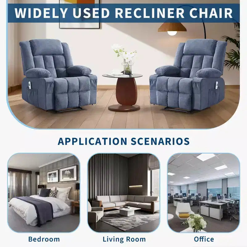 Large Recliner Chair , Manual Reclining Sofa with Massage and Heat , Comfy Sofa Chair with 3 Positions , 2 Side Pockets , 2 Front Pockets and 2 Cup Holder