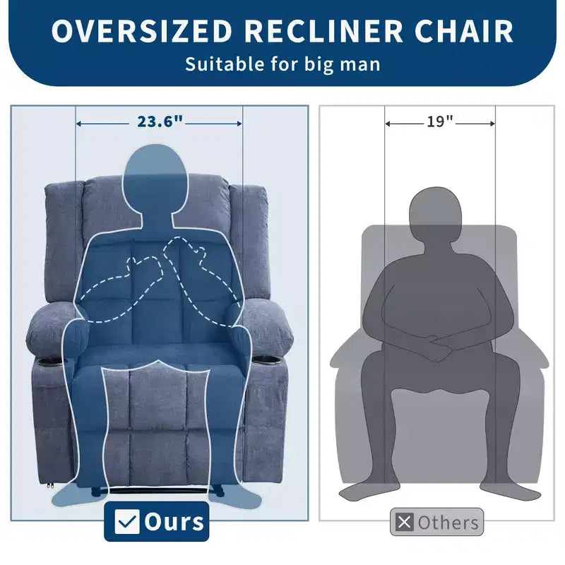 Large Recliner Chair , Manual Reclining Sofa with Massage and Heat , Comfy Sofa Chair with 3 Positions , 2 Side Pockets , 2 Front Pockets and 2 Cup Holder