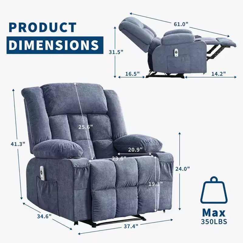 Large Recliner Chair , Manual Reclining Sofa with Massage and Heat , Comfy Sofa Chair with 3 Positions , 2 Side Pockets , 2 Front Pockets and 2 Cup Holder