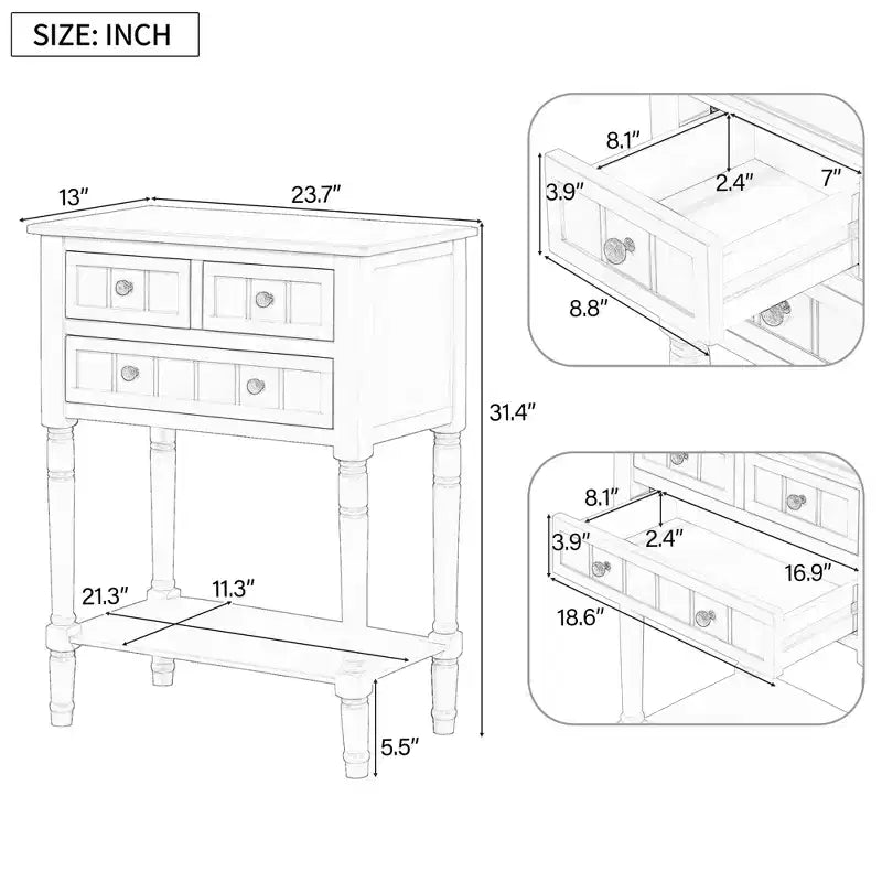 Narrow Console Table , Slim Sofa Table with Three Storage Drawers and Bottom Shelf , Beige