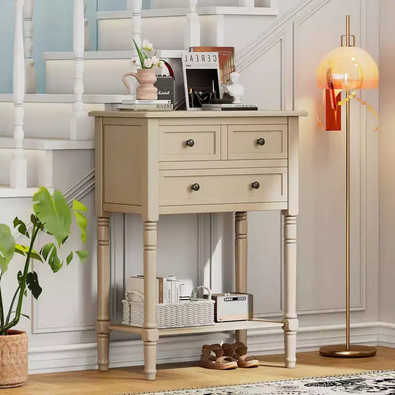 Narrow Console Table , Slim Sofa Table with Three Storage Drawers and Bottom Shelf , Beige