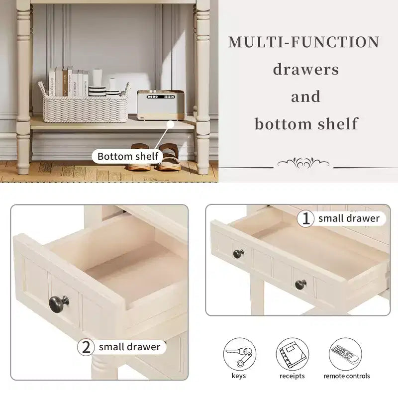 Narrow Console Table , Slim Sofa Table with Three Storage Drawers and Bottom Shelf , Beige