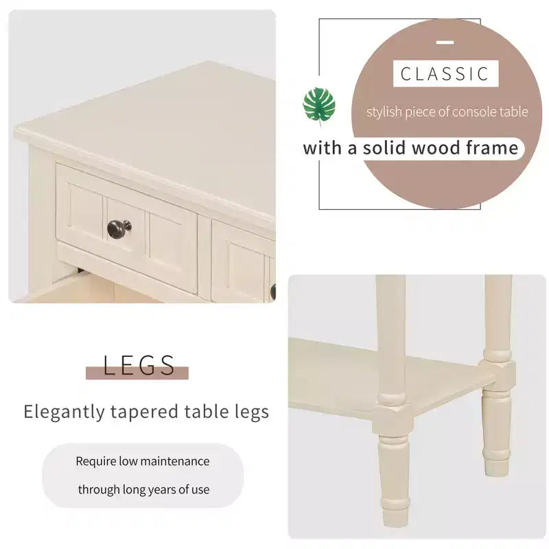Narrow Console Table , Slim Sofa Table with Three Storage Drawers and Bottom Shelf , Beige