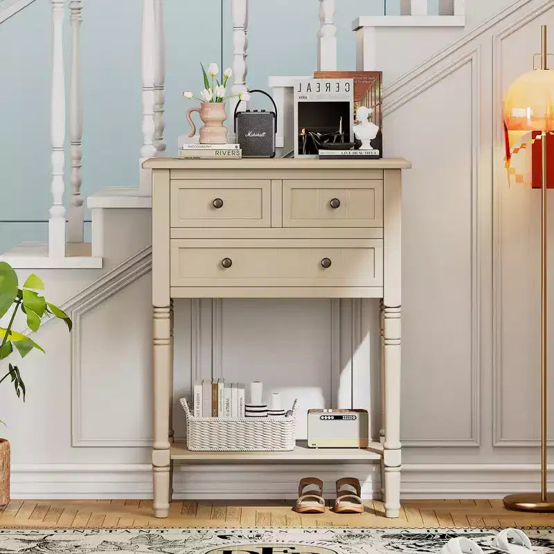 Narrow Console Table , Slim Sofa Table with Three Storage Drawers and Bottom Shelf , Beige