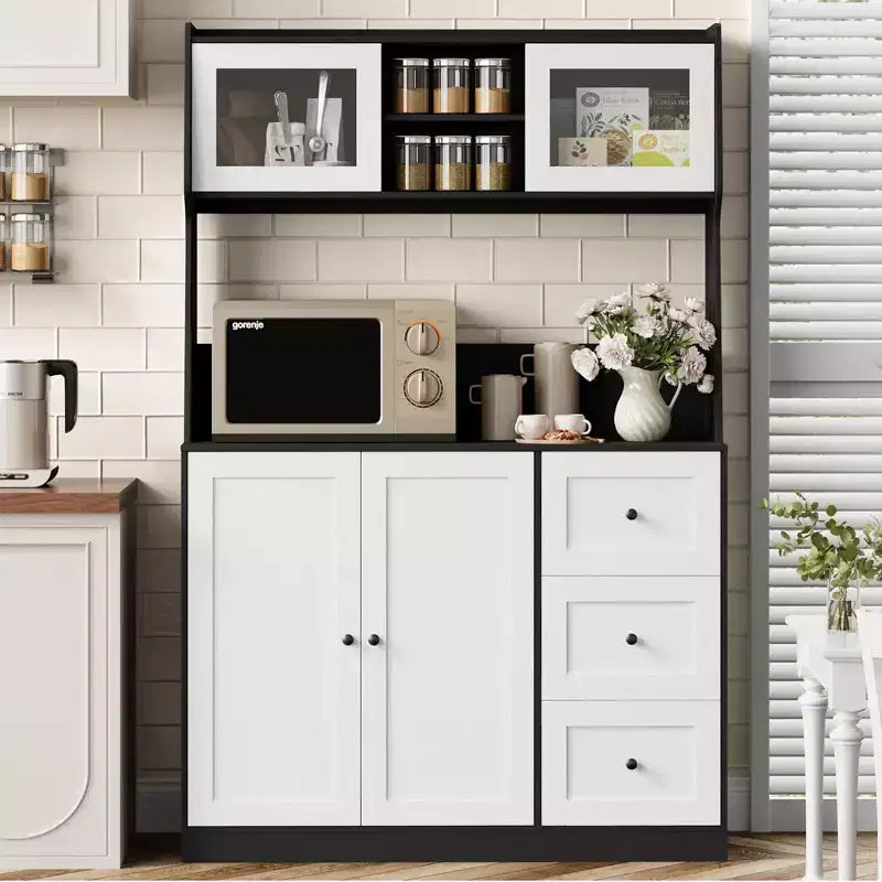 66.9 Tall Kitchen Hutch Storage Cabinet , Coffee Bar Cabinet with 3 Drawers & Lights , Freestanding Food Pantry Cabinet