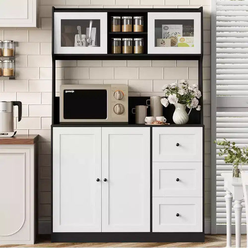 66.9 Tall Kitchen Hutch Storage Cabinet , Coffee Bar Cabinet with 3 Drawers & Lights , Freestanding Food Pantry Cabinet