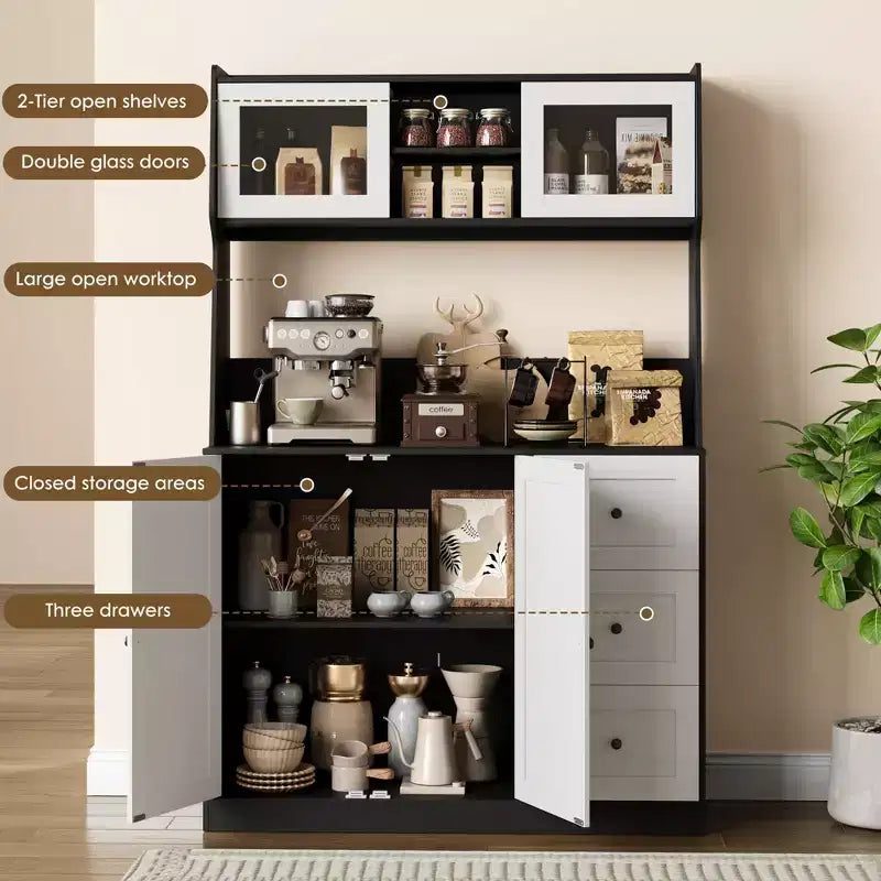 66.9 Tall Kitchen Hutch Storage Cabinet , Coffee Bar Cabinet with 3 Drawers & Lights , Freestanding Food Pantry Cabinet
